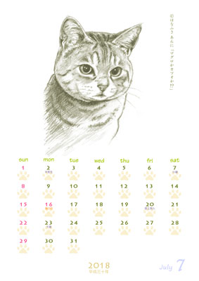 はなふさ あんに の 「フリー（無料）ダウンロード」／猫の絵のカレンダー／２０１８年（平成３０年）７月