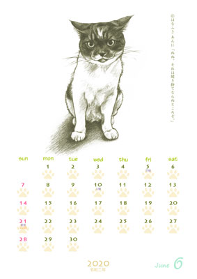 はなふさ あんに の 「フリー（無料）ダウンロード」／猫の絵のカレンダー／２０２０年（令和２年）６月