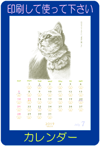 印刷して使って下さい　「フリー（無料）ダウンロード」／猫の絵のカレンダー